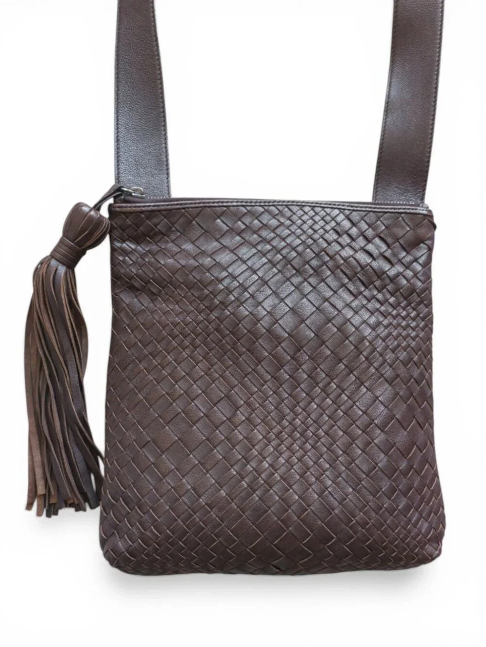 Jennifer Tattanelli Kim Woven Nappa Leather Crossbody, Dark Brown, Italy